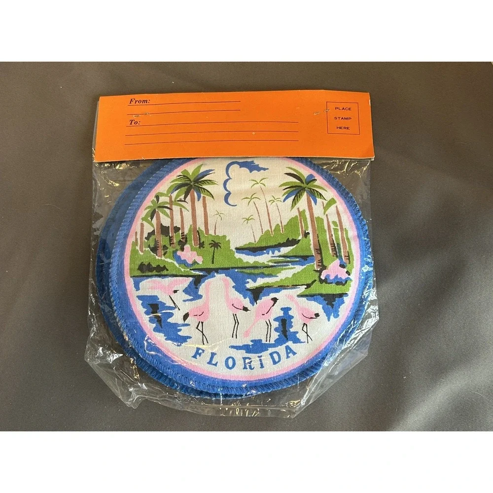 Vintage Hand Screen Printed Set of 2 FLORIDA Cotton Pot‎ Holders Flamingo Palms